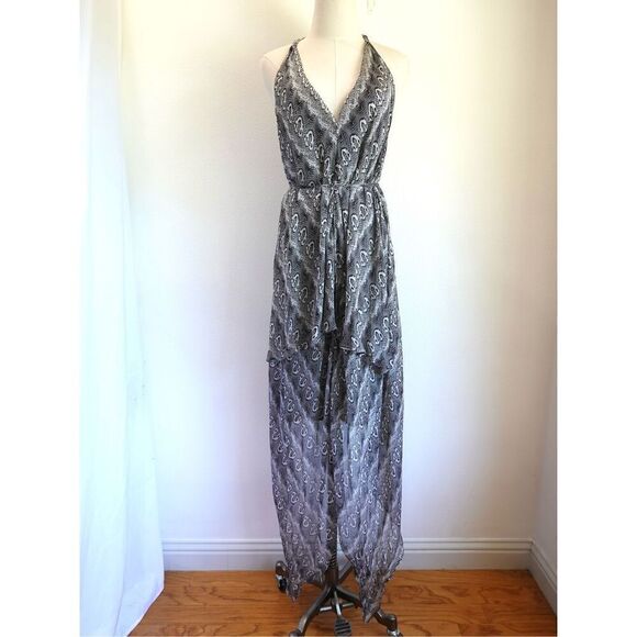 Robert Rodriguez layered Sheer Silk Snake Print Maxi Dress Size 10 Black Gray Wh - Picture 1 of 16